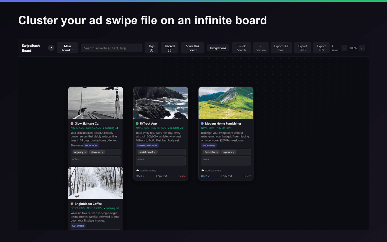 SwipeStash infinite-canvas board with saved ads organized into labeled frames